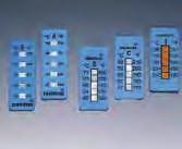 Esistono 5 intervalli che coprono ilcampo di da +7 a +80 C; le strisce sono in grado di visualizzare 8 temperature. Dimensioni 50 x 8 mm.