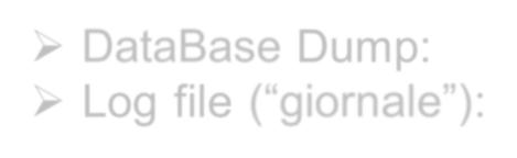 Atomicity e Durability Per far fronte ai malfunzionamenti, un DBMS fa uso di diversi strumenti, in particolare: DataBase Dump: copia di archivio del DB (o parte di esso) Log file ( giornale ): file