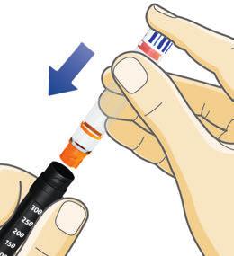 3 Prenda una nuova cartuccia di insulina. Tenga l alloggiamento nero della cartuccia e faccia scivolare la cartuccia all interno dell alloggiamento con prima l estremità filettata come illustrato.