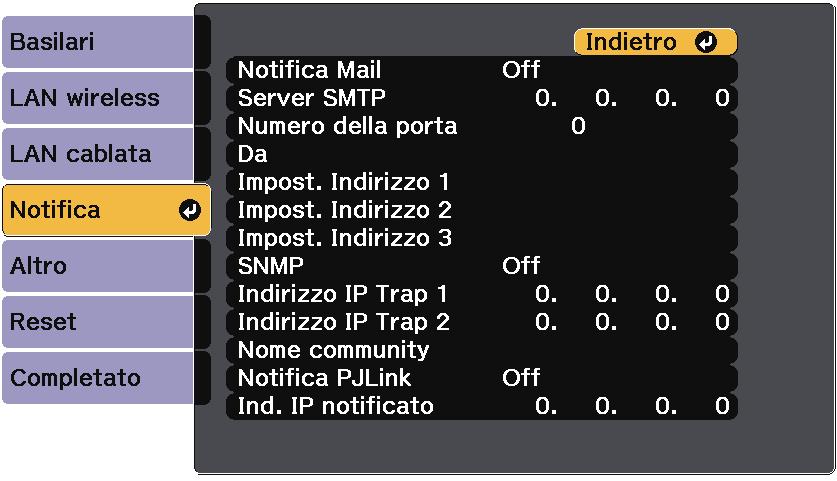 Impostzioni di rete del proiettore - Menu Rete 237 s Rete > Configurzione di rete > LAN cblt Menu Rete - Menu delle notifiche Le impostzioni del menu Notific consentono di ricevere un notific vi e-