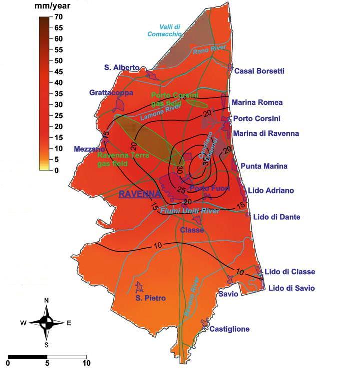 1949-1972 Nella figura sono rappresentati i tassi di subsidenza espressi in mm/anno nell area di Ravenna, da questa si nota: Zona industriale: velocità del tasso di subsidenza