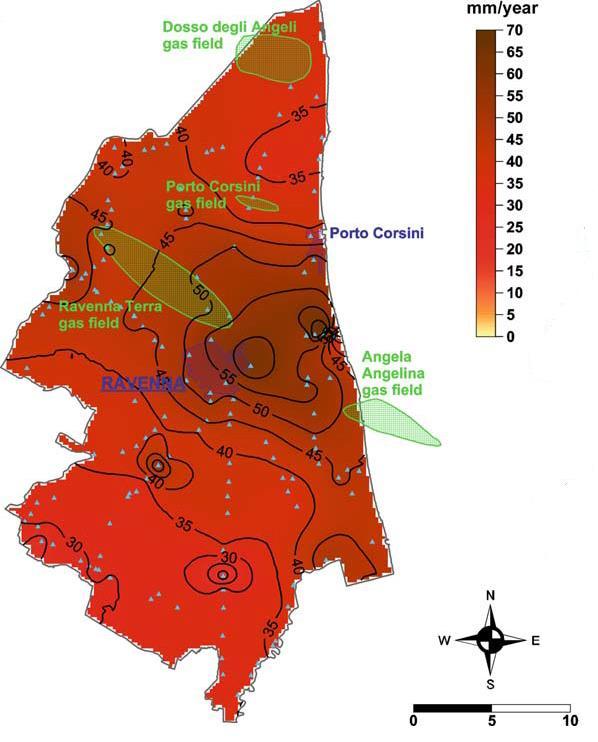 1972-1977 Massimo tasso di abbassamento del terreno con valori medi superiori a 60 mm/anno registrati nella zona industriale.