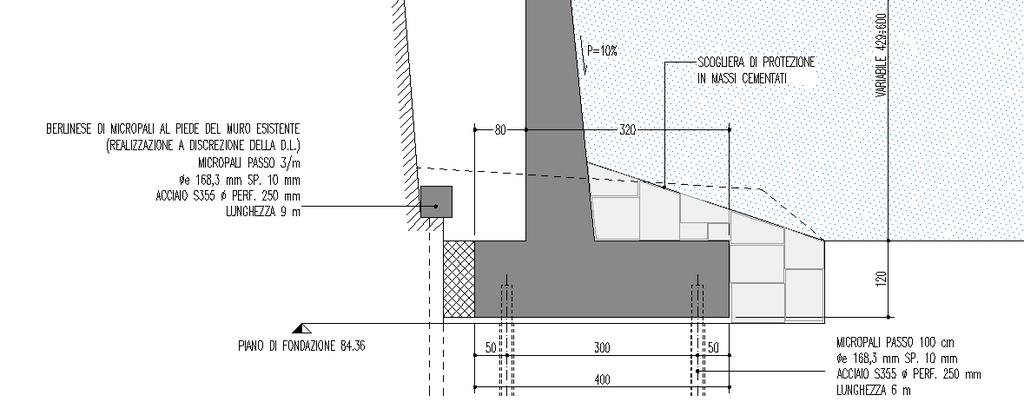 20 di 40 Figura 6 - Sezione tipologica - Muro M02 Inoltre è prevista la realizzazione di un muro tipo M03 e M04 in sponda destra; per il contenimento della piena e per garantire la