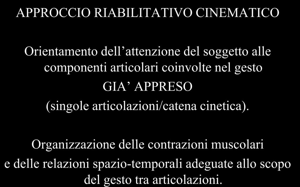 APPROCCIO RIABILITATIVO CINEMATICO Orientamento dell attenzione del soggetto alle componenti articolari coinvolte nel gesto GIA APPRESO (singole