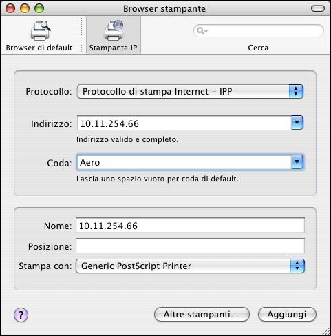 Per Stampante IP, selezionare Protocollo di stampa Internet - IPP, immettere l indirizzo IP o il nome DNS della stampante nel campo Indirizzo e il collegamento di stampa (Stampa, Attesa o Diretto)