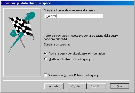 Scelta dettaglio 4. Dare un nome alla query. Si può utilizzare la convenzione di far precedere i nomi delle query da "Q_". Questo permette di distinguerle facilmente dalle tabelle.