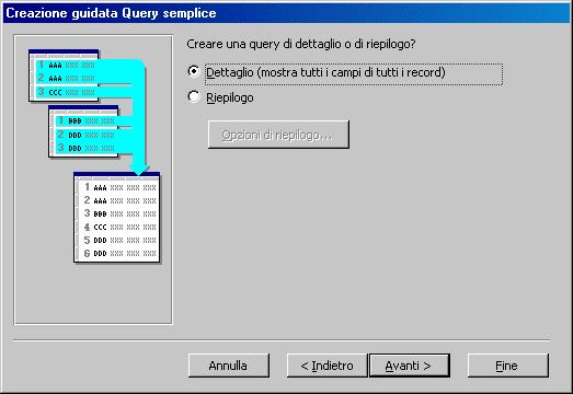 Creare una query dettaglio mediante una creazione guidata 1. Selezionare la tabella su cui si vuole costruire la maschera 2. Spostare sulla destra i campi che si vuole visualizzare.