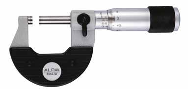 Micrometers Outside micrometer EXACTO Superfici di contatto in MD. Tamburo graduato cromato opaco, frizione sensibile sul tamburo, arco con guanciali termoisolanti. Tungsten carbide tipped.