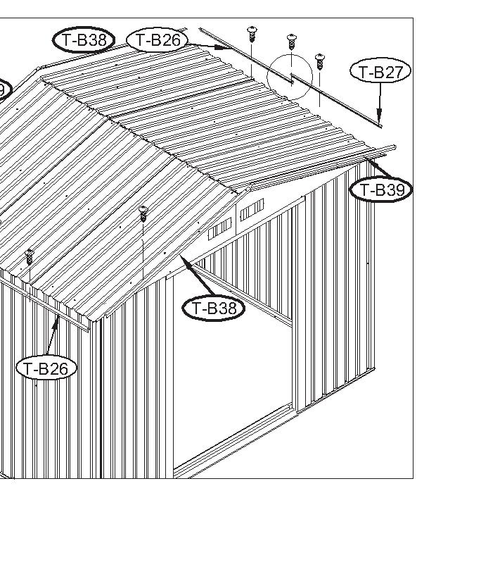 39. Posizionare la copertura (T-B23) sopra al timpano ed alle travi. Utilizzare bulloni, dadi e rondelle (T-S3) per fissare la copertura al timpano.