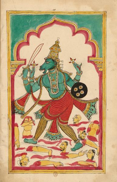 Vishnu, con un corpo umano verde e una testa di cavallo, tiene in due mani il chakra (disco) e la shankha (conque), e nelle altre due una spada e una rondache, mentre fa a pezzi i suoi nemici.