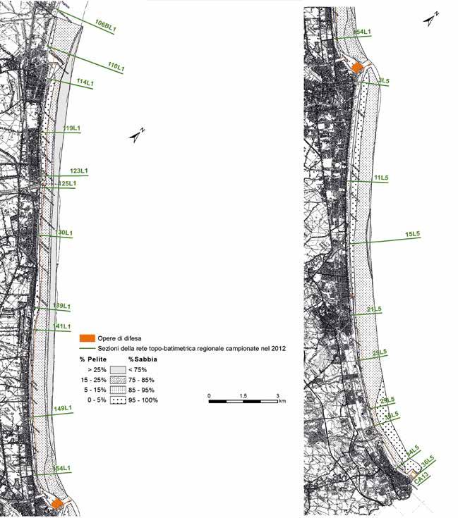 186 Figura 138 - Mappa della distribuzione percentuale di pelite lungo il litorale tra Tagliata di Cesenatico e Cattolica sulla base del campionamento Arpa 2012. mente selezionati (Figura 141).