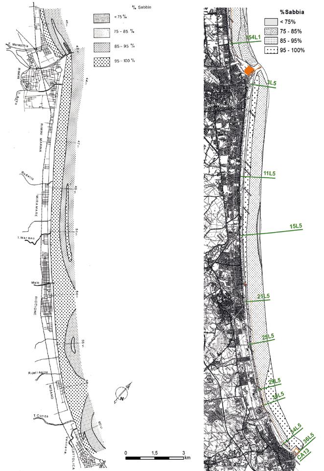206 Figura 163 - A sinistra: mappa della distribuzione percentuale della pelite e della sabbia tra Viserba