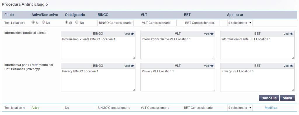 2. Personalizzazione del modulo antiriciclaggio In questa sezione è possibile effettuare la personalizzazione del modulo antiriciclaggio inserendo il nome del concessionario di riferimento per ogni