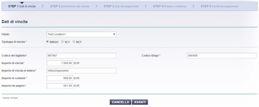 4. Passaggi procedura di compilazione del modulo antiriciclaggio STEP 1 Dettagli Vincita Nel primo step l utente deve scegliere il tipo di vincita.