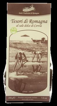 Tesori di Romagna al sale dolce di Cervia Cristalli di sale dolce di Cervia su un delicato biscotto al cacao: un mix speciale, dove la dolcezza dell impasto si