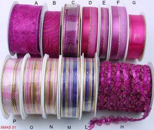 A)003810-Nastro org.glitter H.50-m.9.5 B)003798-Nastro org.glitter H.25-m.20 C)003793-LUREX fucsia-h.25-m.20d-f)002708-nastro raso/org.h25m.