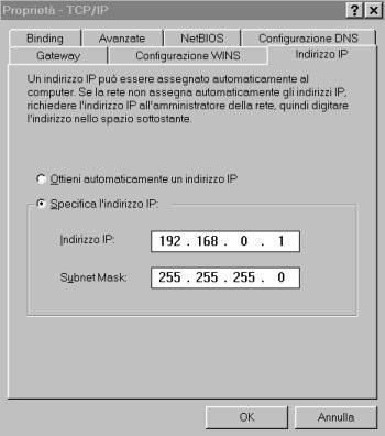 Configurare gli IP Ad esempio in Windows 98