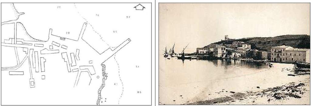 Figura 1 - Pianta del e foto del 1901 (fonte: STRUPORT) Entro il 1962 venne realizzato il primo tratto del molo di sopraflutto, lungo 70 m e con direzione 60 N.