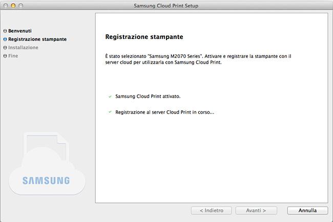 Installazione di Samsung Cloud Print Se appare la schermata sotto riportata La rete che supporta Samsung Cloud Print è stata selezionata.