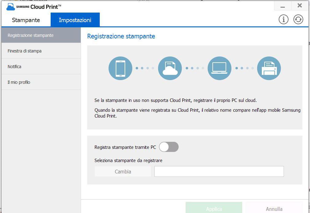 Registrazione delle stampanti È possibile registrare le stampanti registrate sul PC. È possibile controllare le stampanti registrate nell'app mobile.