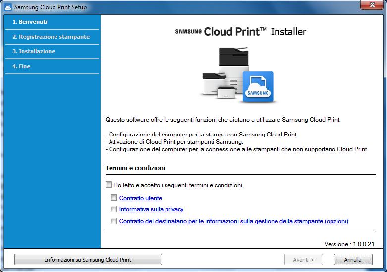 Installazione di Samsung Cloud Print 1 Windows 1 Scaricare l'app per PC Samsung Cloud Print dal sito Web Samsung (https://www.samsungcloudprint.