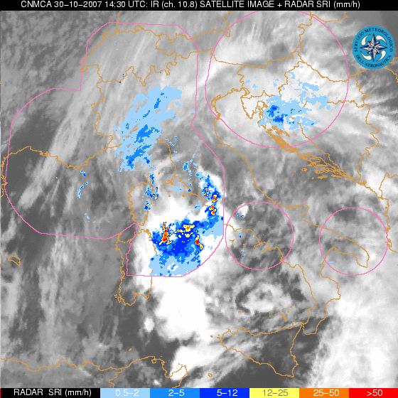 30 Ottobre 2007/14.30UTC. MET 8 Immagine composita radar-satellitare 30 October 2007/14.30UTC METEOSAT8 Radar+IR image.