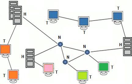 attraverso la modalità con la quale sono disposti i vari componenti collegati alla rete e alla tipologia dei collegamenti Host (H) Terminali (T)