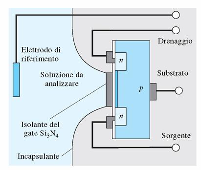 MOSFET iono-selettivi (ISFET) La constatazione che i dispositivi MOSFET sono molto sensibili alle impurezze ioniche presenti alla superficie del blocco p-n, ha suggerito negli anni 70 l ideazione di