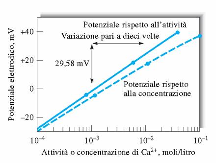 Correlazione attività-concentrazione Se si vuole ottenere la concentrazione di uno ione, piuttosto che la sua attività, occorre costruire una curva di calibrazione potenziale di cella concentrazione: