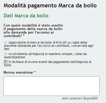 selezionata è Apposizione di marca da bollo di 16,00 su copia.