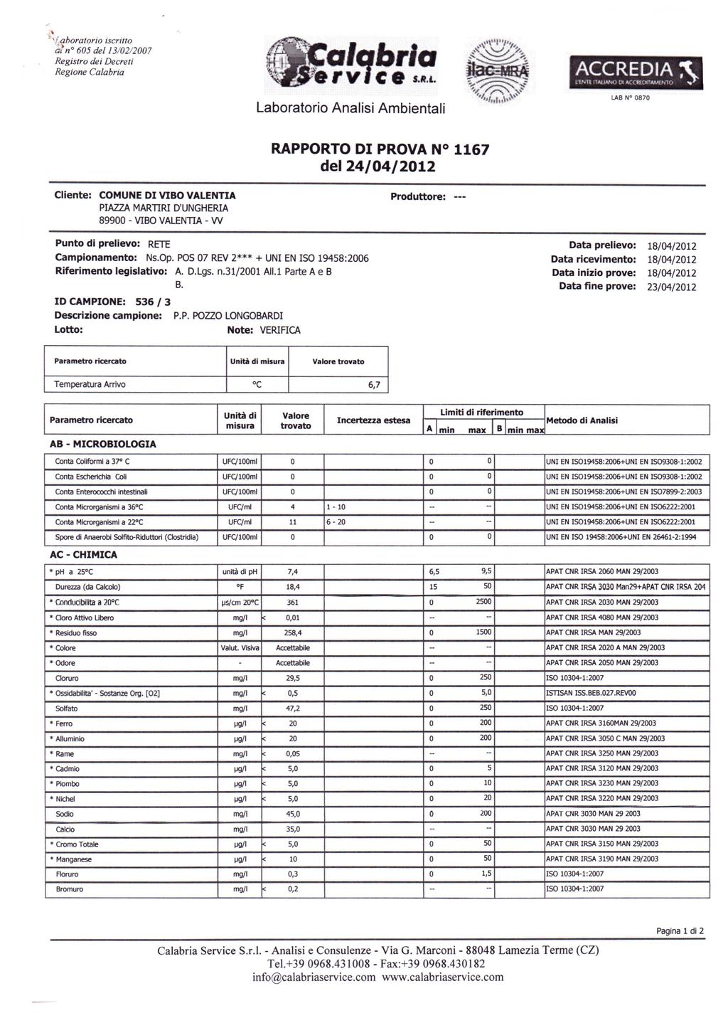 '/,aboratorio iscritto Ci' n 605 del 13/02/2007 LAB N OB70 RAPP