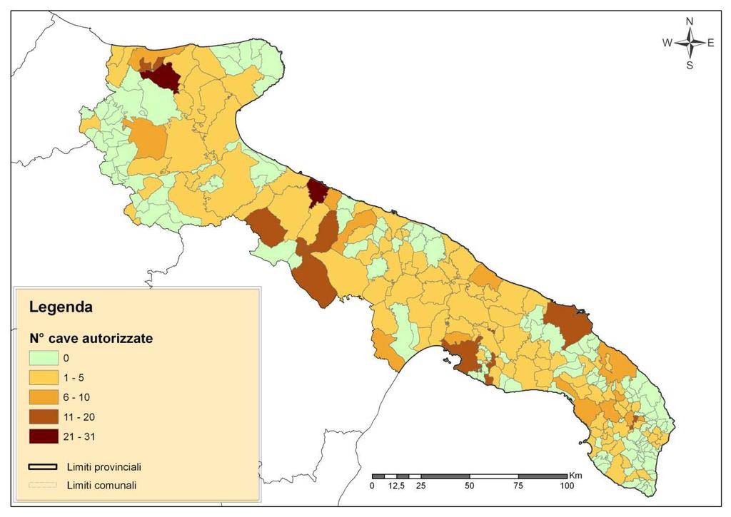 Distribuzione geografica delle cave attive nel territorio regionale per singolo comune Fonte: Elaborazioni su dati Settore Attività Estrattive Regione Puglia, 2012.