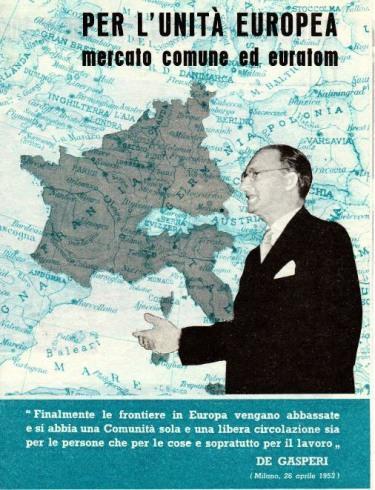 L impero carolingio e l Unione Europea: A lato, manifesto celebrativo per la firma del Trattato di Roma (1957), il primo passo del lungo processo che ha portato alla costruzione dell Unione Europea