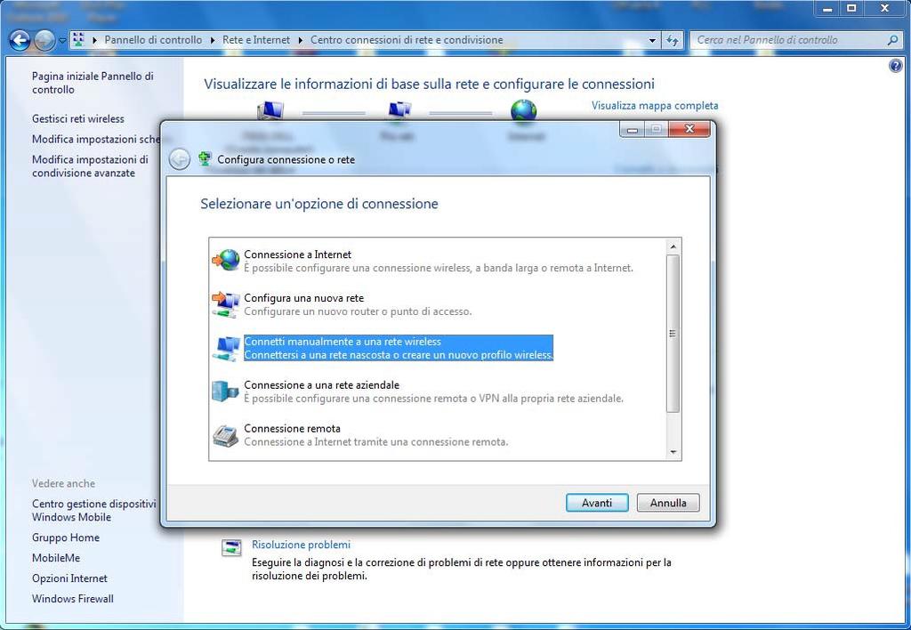 D. Nella finestra Configura nuova connessione o rete, fare doppio click sulla voce Connetti manualmente a una rete wireless presente nell elenco delle opzioni