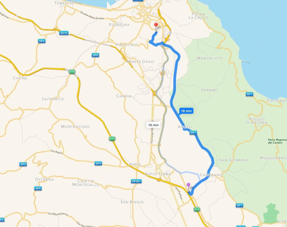 Seguire a questo punto indicazioni per Ancona centro quindi a dx su circonvallazione fino a che dopo circa 1,5 KM non troverete sulla dx una stazione dei