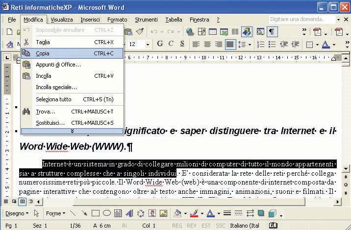Per effettuare questa operazione è necessario aprire il file che contiene il testo, selezionare la parte cui si è interessati, eseguire il comando Copia o Taglia (utilizzando gli strumenti di quell