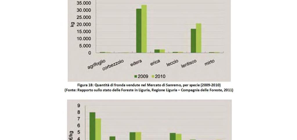 18: Quantità di fronda vendute nel Mercato di Sanremo, per specie (2009 2010)  19: Prezzi unitari medi della