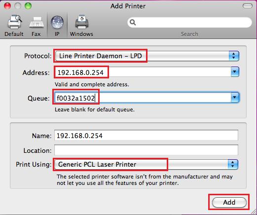 In Protocol selezionare Line Printer Daemon-LPD.