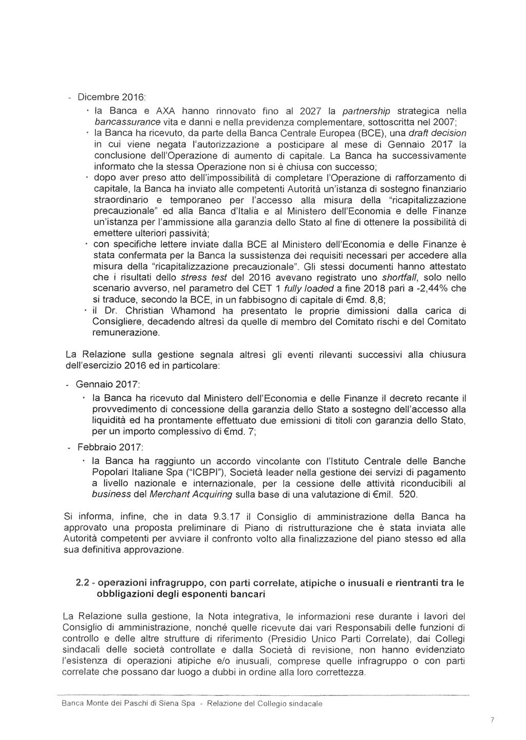 Dicembre 2016: la Banca e AXA hanno rinnovato fino al 2027 la partnership strategica nella bancassurance vita e danni e nella previdenza complementare, sottoscritta nel 2007; la Banca ha ricevuto, da