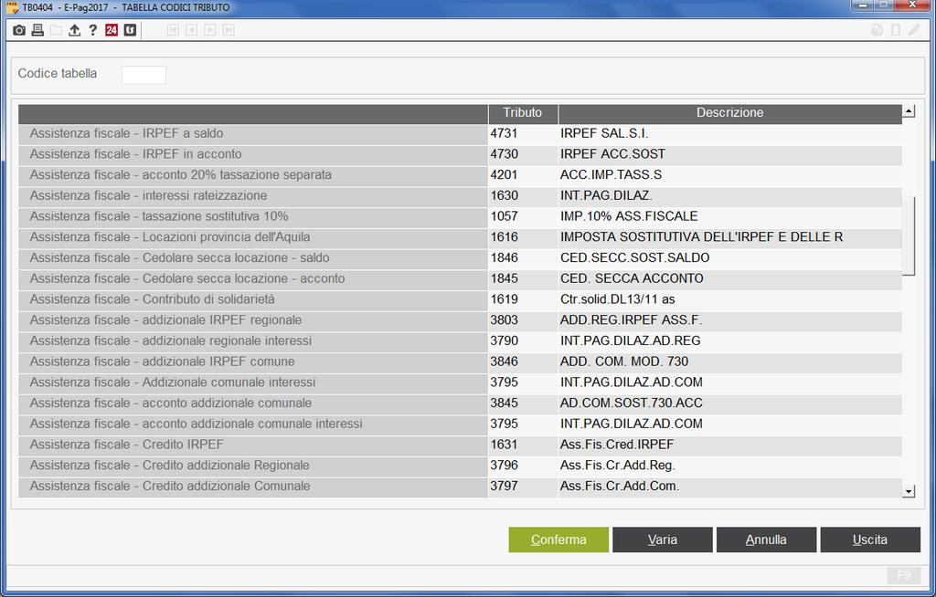 CONG730 2017 9/44 5 Verificare la presenza dei codici tributo relativi all'assistenza fiscale nell elemento 0 della tabella Codici tributo versamento IRPEF TB0404 Cod.