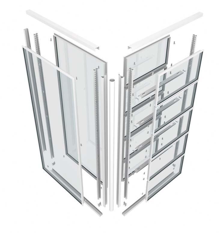 metrica v Parete divisoria composta da moduli in vetro intelaiato Spessore = 0 mm.. Guida a pavimento e soffitto in estruso di alluminio. Piedino regolabile. Traverso in profilato di acciaio.