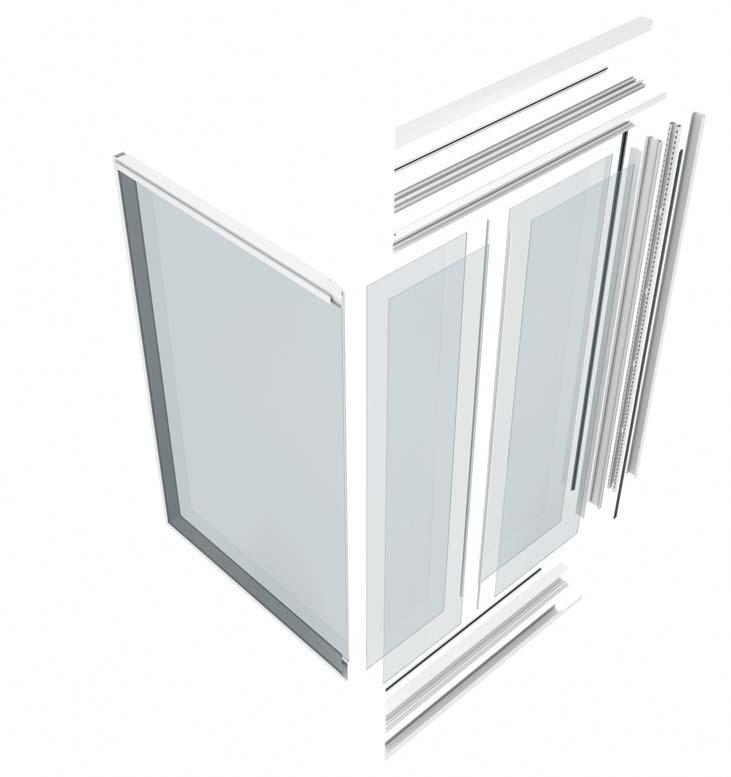 metrica d Parete divisoria composta da doppia lastra di vetro strutturale Spessore = 0 mm.. Guida a pavimento e soffitto in estruso di alluminio. Piedino regolabile. Profilo in estruso di alluminio.