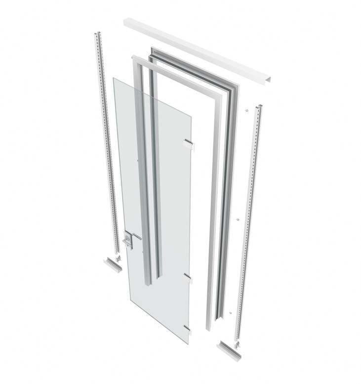 metrica Porta a battente in vetro Spessore = 0 mm.. Guida a soffitto in estruso di alluminio. Telaio porta in estruso di alluminio. Anta in vetro.