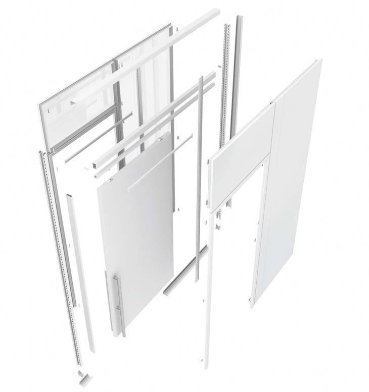 metrica s Porta scorrevole cieca con moduli vetrati retrolaccati Spessore = 0 mm.. Guida a soffitto in estruso di alluminio. Modulo vetrato retrolaccato. Tubolare di irrigidimento.