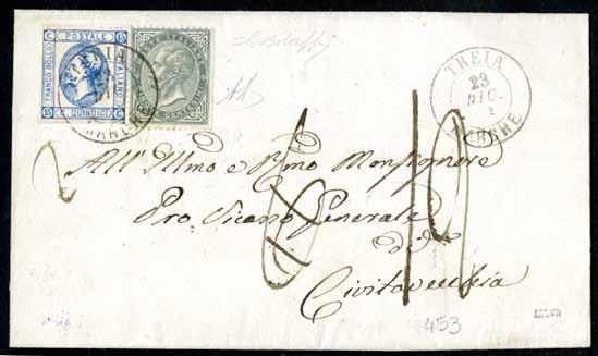 1863, per Livorno Piemontese con 5cent De La Rue separato con le forbici e con parte di dentellature orizzontali rasate + 10cent Sardegna (14E) ben marginato.
