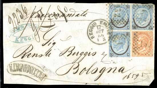 150,00 505 2 Lettere mancanti di ripiegature al verso ma con bolli di arrivo e transiti da Monza, Maggio Agosto 1870, per Gand (Belgio) con 2 esemplari o coppia del 20cent (T26).