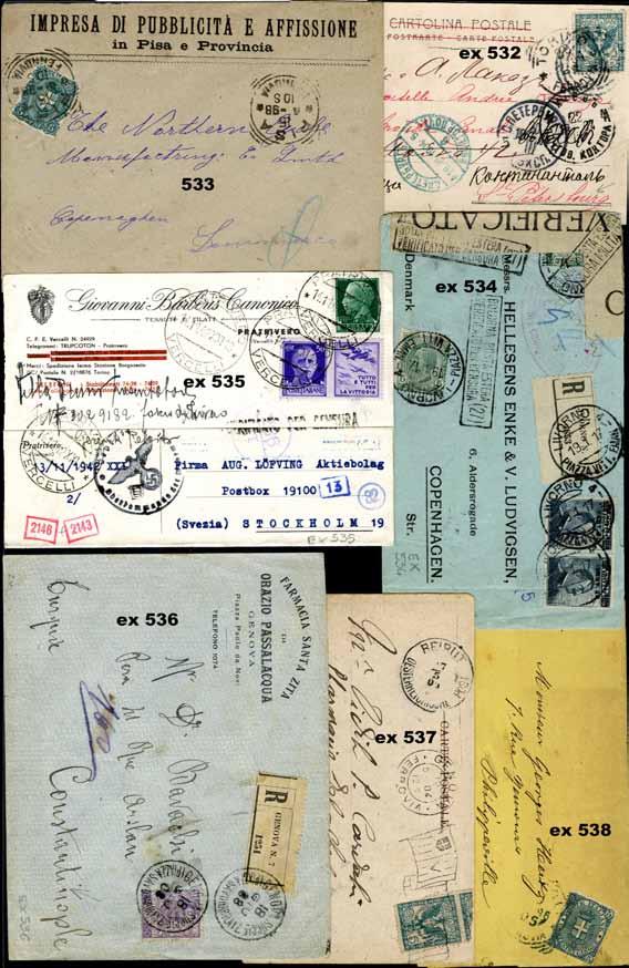 534 6 Pezzi (3 lettere, 3 cartoline), 1907 1926, dirette in Danimarca con affrancature diverse del periodo.