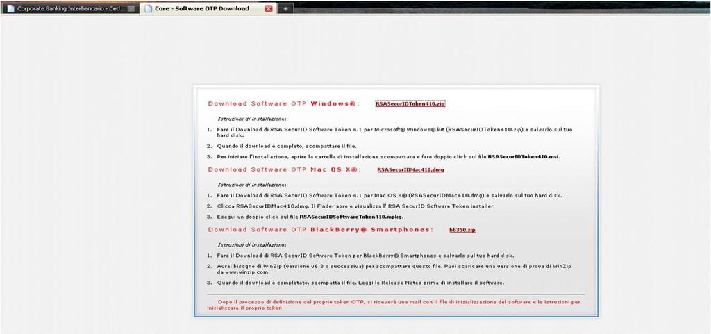 1 eseguire il download del Token Software dalla maschera visualizzata eseguito il primo accesso alla