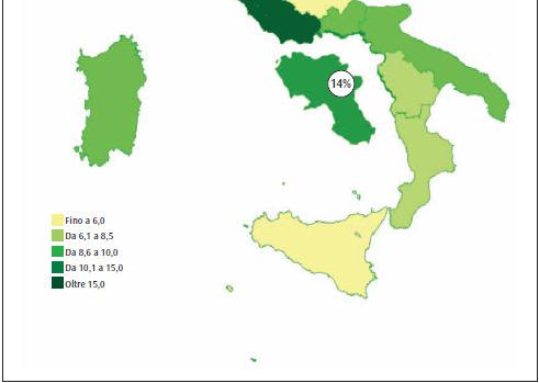 Quota % tpl (gomma+ferro) su spostamenti motorizzati Anno 2008 Campania: