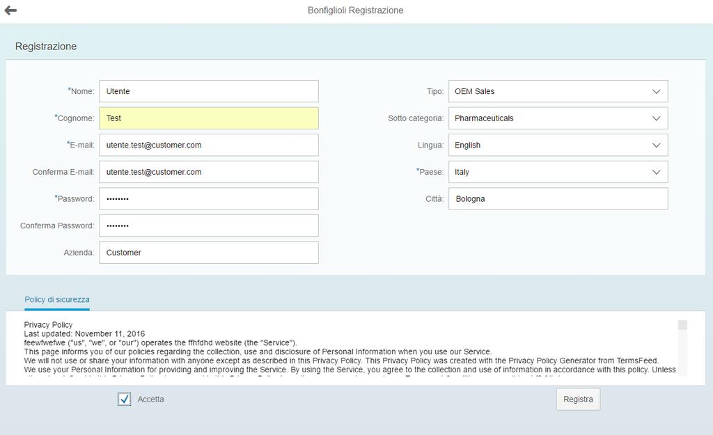 Leggere e accettare la Privacy Policy 4. Cliccare sul tasto Registra 3 4 5.